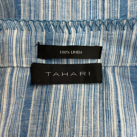 Tahari Womens Blue & White Striped 100% Linen V-Neck Bell Sleeve Blouse Top - Picture 3 of 6